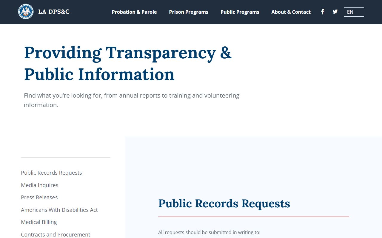 LA DPS and C inmate records public information request page